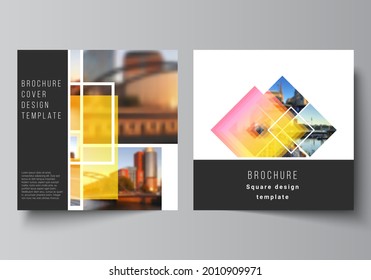 The minimal vector illustration of editable layout of two square format covers design templates for brochure, flyer, magazine. Creative trendy style mockups, blue color trendy design backgrounds.