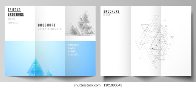 The minimal vector illustration of editable layouts. Modern covers design templates for trifold brochure or flyer. Polygonal background with triangles, connecting dots and lines. Connection structure