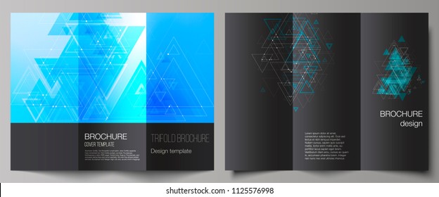 The minimal vector illustration of editable layouts. Modern covers design templates for trifold brochure or flyer. Polygonal background with triangles, connecting dots and lines. Connection structure.