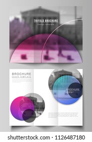 The minimal vector illustration of editable layouts. Modern creative covers design templates for trifold brochure or flyer. Creative modern bright background with colorful circles and round shapes.