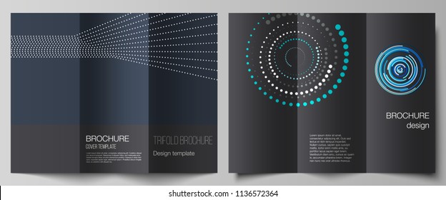The minimal vector illustration of editable layouts. Modern creative covers design templates for trifold brochure or flyer with simple geometric background made from dots, circles.