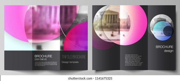 The minimal vector illustration of editable layouts. Modern creative covers design templates for trifold brochure or flyer. Creative modern bright background with colorful circles and round shapes.