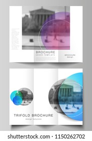 The minimal vector illustration of editable layouts. Modern creative covers design templates for trifold brochure or flyer. Creative modern bright background with colorful circles and round shapes.