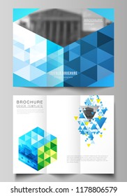 The minimal vector illustration of editable layouts. Modern creative covers design templates for trifold brochure or flyer. Blue color polygonal background with triangles, colorful mosaic pattern.