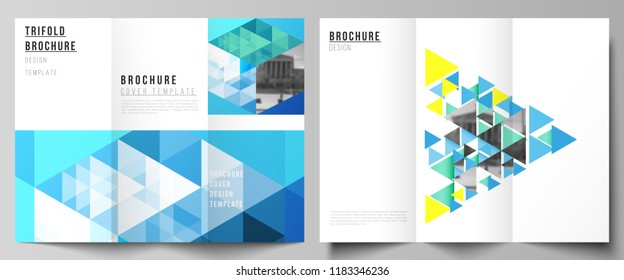 The minimal vector illustration of editable layouts. Modern creative covers design templates for trifold brochure or flyer. Blue color polygonal background with triangles, colorful mosaic pattern
