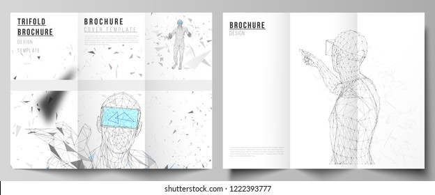 The minimal vector illustration of editable layouts. Modern creative covers design templates for trifold brochure or flyer. Man with glasses of virtual reality. Abstract vr, future technology concept.