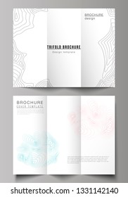 The minimal vector illustration of editable layouts. Modern creative covers design templates for trifold brochure or flyer. Topographic contour map, abstract monochrome background.