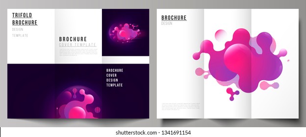 The minimal vector illustration of editable layouts. Modern creative covers design templates for trifold brochure or flyer. Black background with fluid gradient, liquid pink colored geometric element.