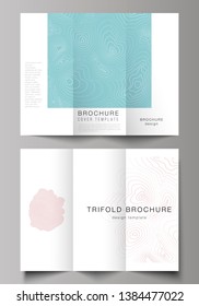 The minimal vector illustration of editable layouts. Modern creative covers design templates for trifold brochure or flyer. Topographic contour map, abstract monochrome background.