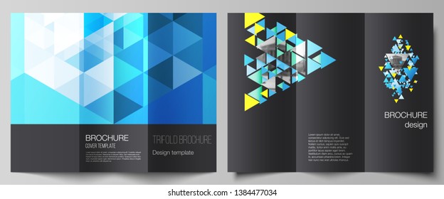 The minimal vector illustration of editable layouts. Modern creative covers design templates for trifold brochure or flyer. Blue color polygonal background with triangles, colorful mosaic pattern.