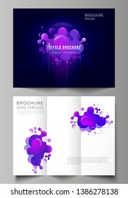 The minimal vector illustration of editable layouts. Modern creative covers design templates for trifold brochure or flyer. Black background with fluid gradient, liquid blue colored geometric element.