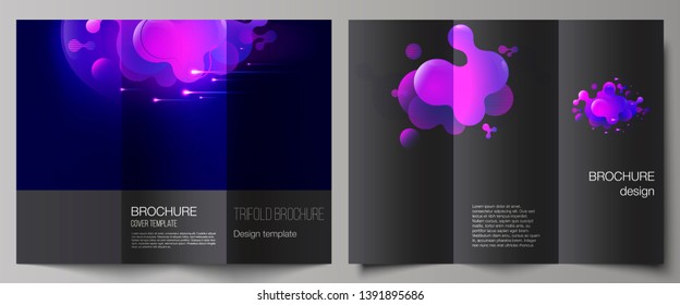 The minimal vector illustration of editable layouts. Modern creative covers design templates for trifold brochure or flyer. Black background with fluid gradient, liquid blue colored geometric element.