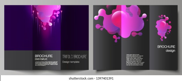 The minimal vector illustration of editable layouts. Modern creative covers design templates for trifold brochure or flyer. Black background with fluid gradient, liquid pink colored geometric element