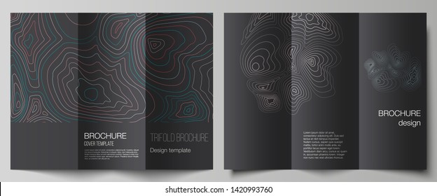 The minimal vector illustration of editable layouts. Modern creative covers design templates for trifold brochure or flyer. Topographic contour map, abstract monochrome background.