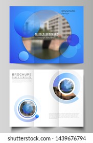 The minimal vector illustration of editable layouts. Modern creative covers design templates for trifold brochure or flyer. Creative modern blue background with circles and round shapes.