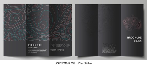 The minimal vector illustration of editable layouts. Modern creative covers design templates for trifold brochure or flyer. Topographic contour map, abstract monochrome background.