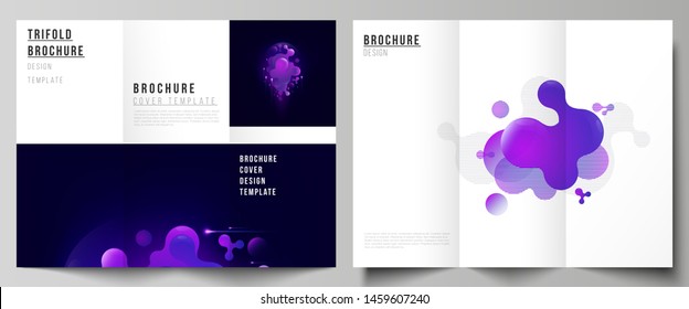 The minimal vector illustration of editable layouts. Modern creative covers design templates for trifold brochure or flyer. Black background with fluid gradient, liquid blue colored geometric element.