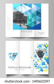 The minimal vector illustration of editable layouts. Modern creative covers design templates for trifold brochure or flyer. Blue color polygonal background with triangles, colorful mosaic pattern.