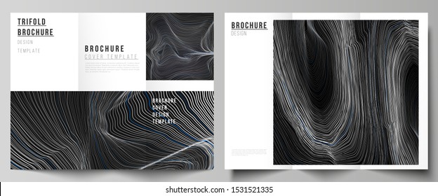 The minimal vector illustration of editable layouts. Modern creative covers design templates for trifold brochure or flyer. Smooth smoke wave, hi-tech concept black color techno background.