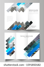 The minimal vector illustration of editable layouts. Modern creative covers design templates for trifold brochure or flyer. Abstract geometric pattern creative modern blue background with rectangles.