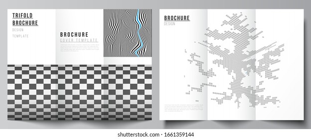 The minimal vector illustration of editable layouts. Modern creative covers design templates for trifold brochure or flyer. Abstract big data visualization concept backgrounds with lines and cubes.