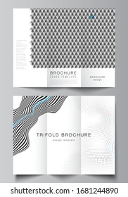 The minimal vector illustration of editable layouts. Modern creative covers design templates for trifold brochure or flyer. Abstract big data visualization concept backgrounds with lines and cubes.