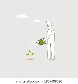 Minimal vector illustration of elderly man watering a plant using watering can. Life after retirement concept, stay at home.