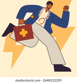 Minimal vector illustration of an emergency doctor running with a medical kit and stethoscope, symbolizing healthcare urgency and fast medical response in modern flat style.