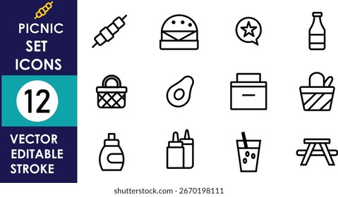 Uma ilustração vetorial mínima apresenta doze ícones editáveis de piquenique de traço, incluindo alimentos, bebidas, cesta, molhos e lanches, projetados em estilo simples de contorno limpo