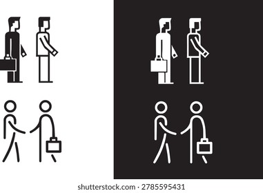 Minimal vector illustration featuring six stylized business interaction icons arranged in two rows of three. The top row presents black line icons, while the bottom row repeats the same designs in blue. Each icon depicts two human figures in professional scenarios: sitting across a table in a meeting, shaking hands while holding briefcases to symbolize agreement, and standing side by side in suits and ties to represent partnership. This versatile set highlights common corporate interactions through clean, minimalist design, making it ideal for business branding, office-themed projects, corporate presentations, and professional advertising. High-quality stock assets suitable for UI, web graphics, logos, and commercial use, offering professional-quality illustrations that balance simplicity with symbolic clarity.Minimal vector illustration featuring six stylized business interaction icons arranged in two rows of three. The top row presents black line icons, while the bottom row repeats the same designs in blue. Each icon depicts two human figures in professional scenarios: sitting across a table in a meeting, shaking hands while holding briefcases to symbolize agreement, and standing side by side in suits and ties to represent partnership. This versatile set highlights common corporate interactions through clean, minimalist design, making it ideal for business branding, office-themed projects, corporate presentations, and professional advertising. High-quality stock assets suitable for UI, web graphics, logos, and commercial use, offering professional-quality illustrations that balance simplicity with symbolic clarity.