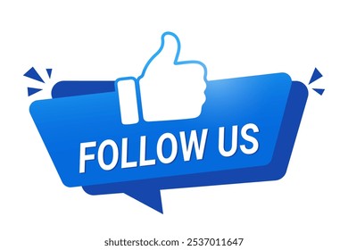 minimal vector illustration featuring social media buttons, blue labels, and a thumb-up hand icon with phrases such as Follow us and Follower, designed to enhance social media engagement