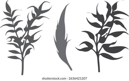 Minimal vector illustration featuring three distinct leaf silhouettes in grayscale. Ideal for eco branding, packaging, tattoo designs, or decorative artwork.