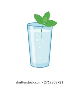 Minimal vector illustration of a fizzy clear drink with rising bubbles and fresh mint, centered in a blue circular frame. Cool-toned design symbolizing refreshment, hydration, and alcohol-free lifestyle choices.
