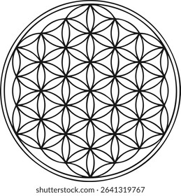 Minimal vector illustration of the Flower of Life sacred geometry symbol. Perfect for spiritual, metaphysical, or meditative design themes. Clean black lines on white background, ideal for prints, tat