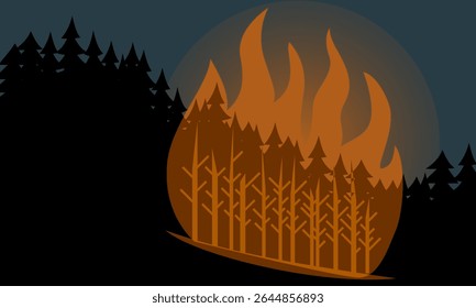 Ilustração vetorial mínima de um incêndio florestal com chamas altas queimando árvores em uma floresta noturna escura. Conceito de desastre ambiental abstrato e impactante