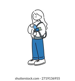 Minimal vector illustration of a girl checking or arranging items inside her shoulder bag. Great for lifestyle visuals, daily routine content, apps, blogs, or character-based illustrations.