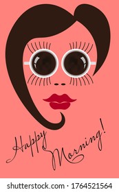 minimal vector illustration of a girl with eyes from cups of coffee for a background or postcard creative