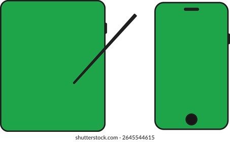 Minimal vector illustration of a green digital tablet with stylus and smartphone, ideal for tech interface design, digital device concept, or modern mobile app and UI presentations.