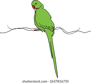 Minimal vector illustration of a green parrot perched on a wire. Great for bird-themed designs, wildlife visuals, tropical art, decor, education, and exotic nature projects. Vector Green parrot. 
