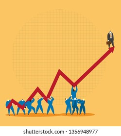 Minimal vector illustration of group of workers holds a growing trend arrow while a businessman stands at the top of it. Team work increases the productivity of a business. Editable vector 