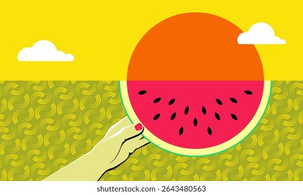 Minimal vector illustration of a hand holding a watermelon slice resembling a sunset, with bright yellow background, abstract patterns, and playful summer vibe