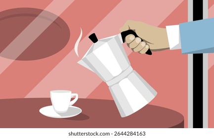 Minimal vector illustration of a hand holding a moka pot, pouring hot espresso coffee into a cup on a table. Modern flat style with warm colors, perfect for breakfast and coffee themes