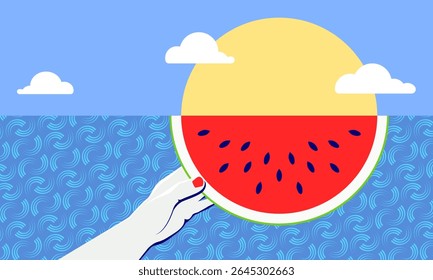 Minimal vector illustration of a hand holding a watermelon slice resembling a sunrise with blue sky background, abstract sea pattern, and playful summer vibe, ocean vacation