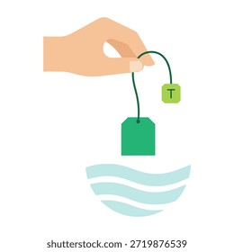 Ilustración vectorial mínima de una mano sosteniendo una bolsita de té verde sobre una taza estilizada con ondas de agua azul claro sobre fondo blanquecino. Diseño plano que simboliza los rituales de relajación y bienestar.