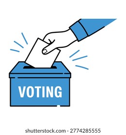 Minimal vector illustration of a hand placing a ballot into a voting box, symbolizing elections, democracy, civic duty, political participation, voting process and public decision making.