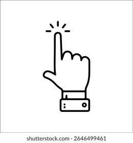 Ilustração vetor mínima de ponteiro mão clicando, simbolizando interface do usuário, interação, chamada para ação, marketing digital, app, web UX, ícone de gesto touchscreen moderno.

