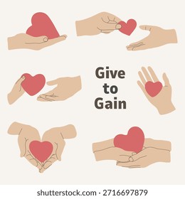 Minimale Vektorgrafik von Händen, die ein Herz passieren, symbolisiert Großzügigkeit, Freundlichkeit und das Give to Gain-Konzept. Flaches modernes Design für Wohltätigkeitsthemen, Wellness, soziale Auswirkungen, Psychologie und Motivation.