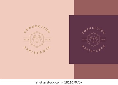 Minimal vector illustration of hexagon shaped linear style emblem template with female hands gesturing heart designed for organization offering connection assistance line style