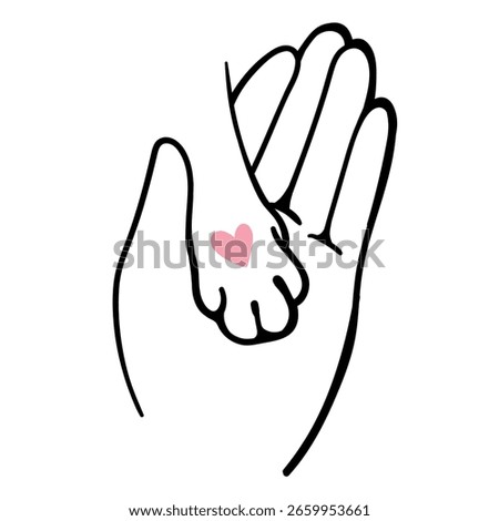 Minimal vector illustration of a human hand touching a cat paw with a pink heart above. Represents love, trust, emotional connection, and compassion between pets and their owners