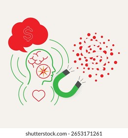 Ilustração vetorial mínima de uma cabeça humana com símbolos de vibração do cérebro e do coração, uma bússola e um ímã, simbolizando o alinhamento de pensamentos, emoções e intenções para manifestar objetivos.